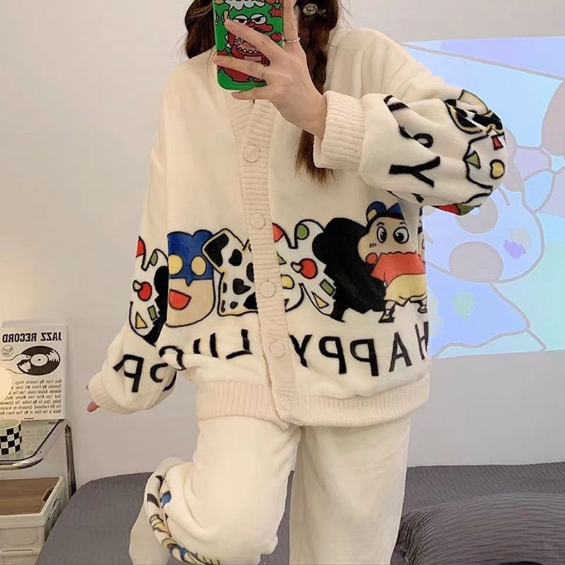 

Kawaii Crayon Shin-chan Plush Pajamas Anime Doraemon Winter New Thickened Outer Wear Home Clothes Set Warm Pajamas Cute Clothing