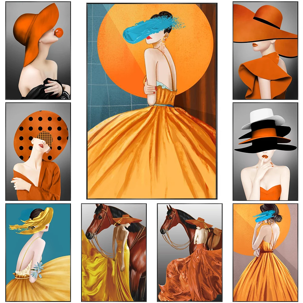 Скандинавская абстрактная женщина в оранжевом желтом платье и шляпе плакаты