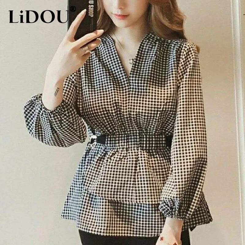 

Spring Autumn V-neck Vintage Plaid Oversized Casual Waist Blouse Ladies Lantern Long Sleeve Elegant Cotton Linen Shirt Top Women
