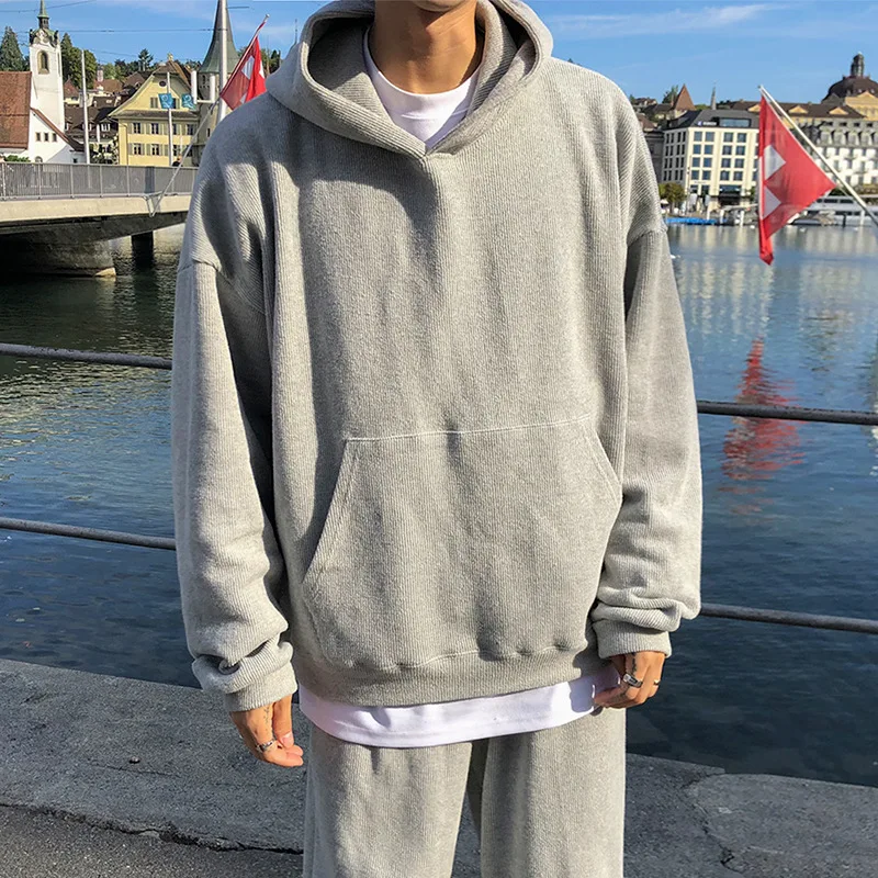 

Fashion Sports 2 Piece Set Men's Sets Casual Simple Long Sleeve Hooded Men Sweatshirts Loose Gray Straight-Leg Trousers Male