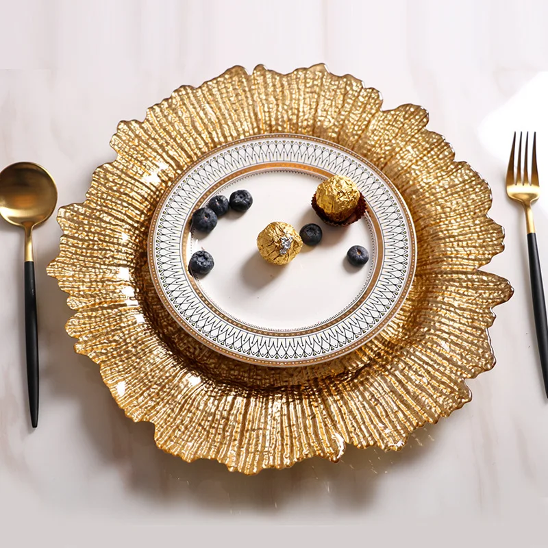 

32-35cm Glass Gold Trays Wedding Table Decorative Irregular Snowflake Shape Western Dinner Food Fruit Serving Tray Kitchen Item