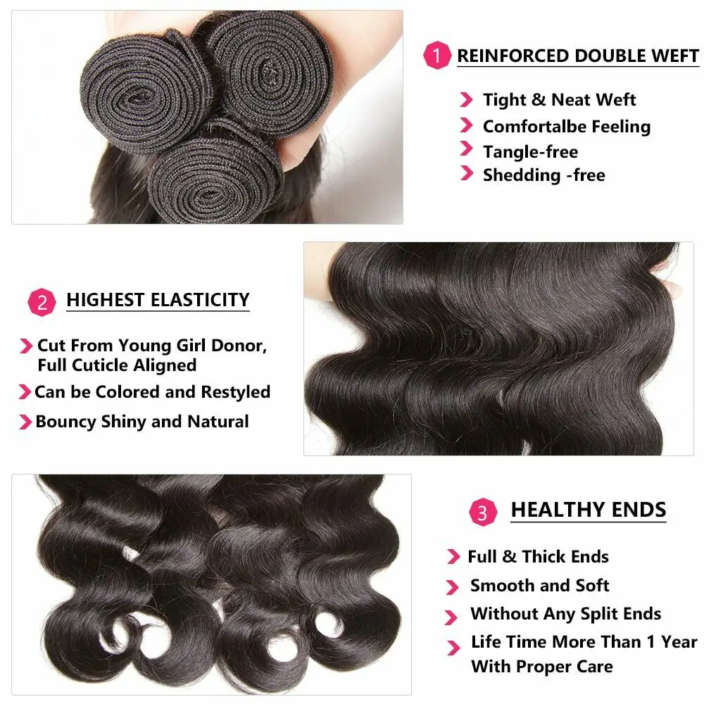 Body Wave Bundles Brazilian Hair Weave Bundles 1/3/4 PCS Human Hair Bundles Natural Black Double Draw 8-40
