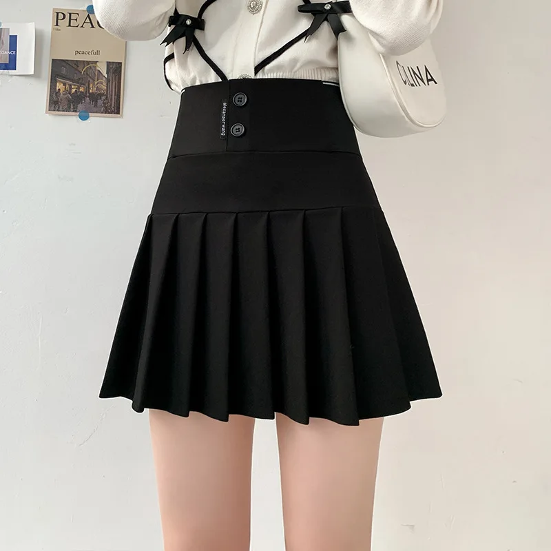 

Letter Printed Pleated Skirt Y2K Harajuku Button Elastic High Waist A-Line Mini Skirt Korean Fashion School Kawaii Women Skirt