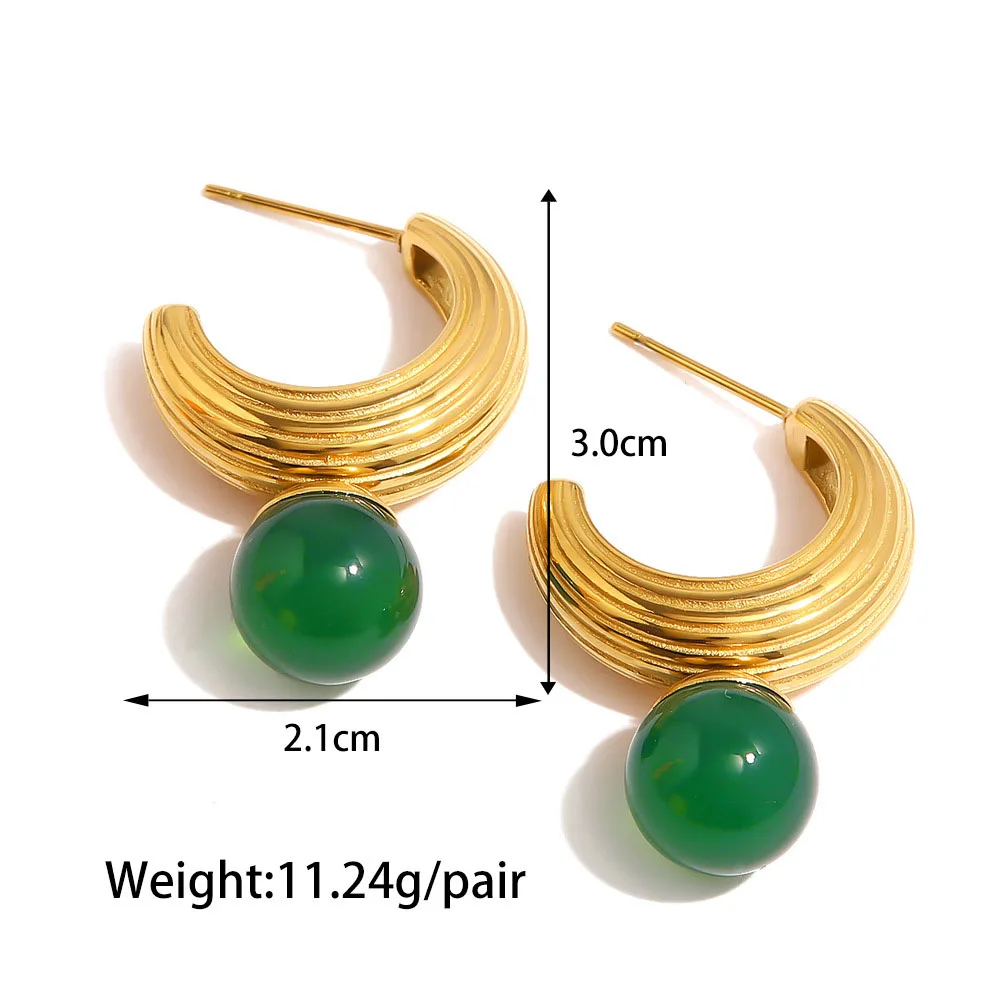 Stainless Steel PVD 18K Gold Plated Tarnish Waterproof Green Beads Pearl Drop Earring For Woman Jewelry Wholesale Trendy