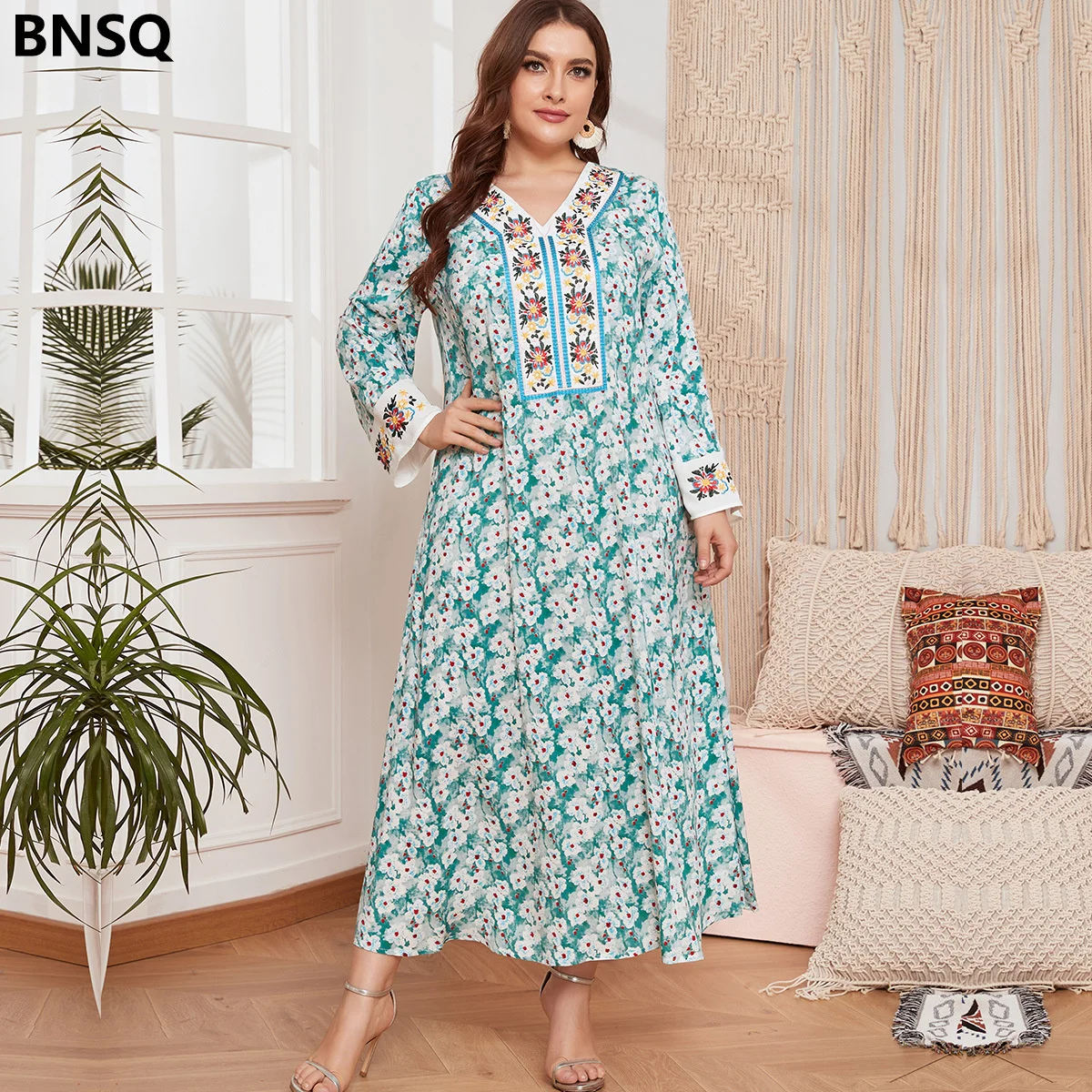 

2023 New Women's Long Sleeved Fashion Arabian Robe Skirt Casual Maxi Dress Loose Printed Embroidery Dresses Muslim Abaya Kaftan