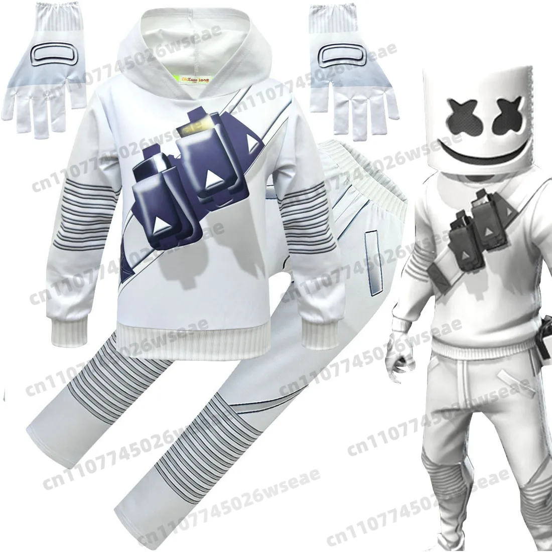 Фото Новинка 2025, детский костюм электронной звуковой певицы для DJ Marshmello, костюм для мальчиков и девочек на Хэллоуин, Рождество, карнавальный костюм для вечеринки, комплект с капюшоном №2