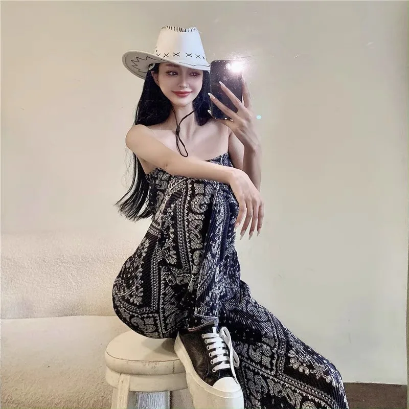 

Spring and Summer Tie-dye Bandeau Vest Wide Leg Trousers Two-piece Set Women's Fashion Casual Beach Vacation