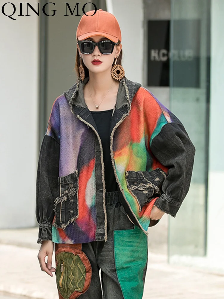 

QING MO Fashionable Color Contrast Printing Knitted Stitching Denim Hooded Cardigan Coat For Women 2023 Spring Autumn ZXF1031