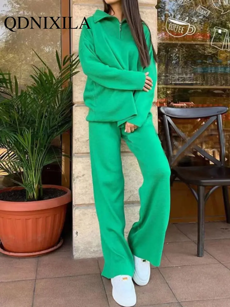 

Новый Зимний комплект из двух предметов, Женский вязаный костюм с брюками, свободные свитеры оверсайз, теплый трикотажный спортивный костю...