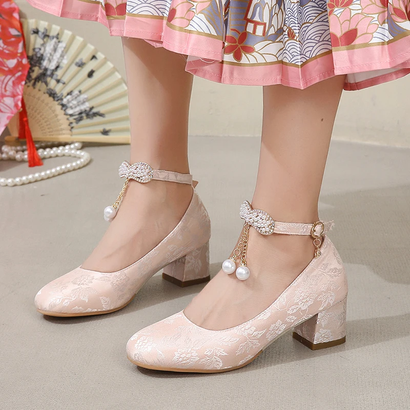Женские туфли-лодочки с жемчугом розовые или бежевые туфли в китайском стиле
