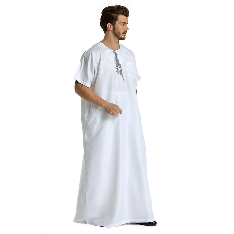 Wepbel Middle East Jubba Thobe Men Islamic Arabic Kaftan Arab Muslim Men's Embroidered Short Sleeve Round Neck Robe Men Ramadan