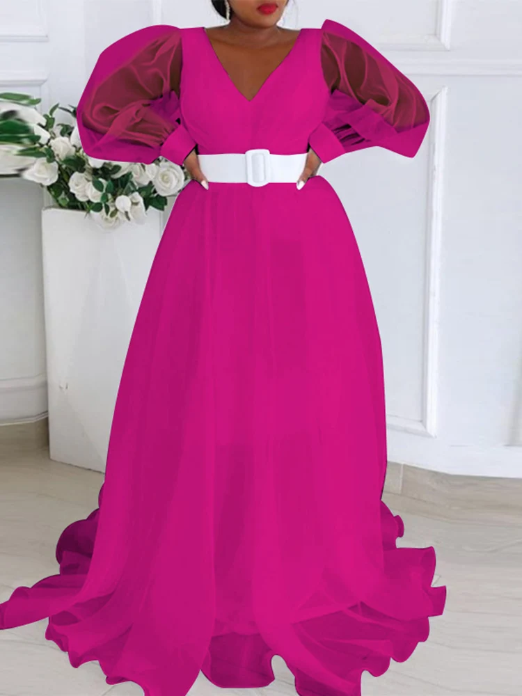 

VONDA Bohemian Long Dress Women 2022 Summer Sexy V Neck Maxi Dresses Mesh Patchwork Long Sleeve High Waist Party Beach Vestidos