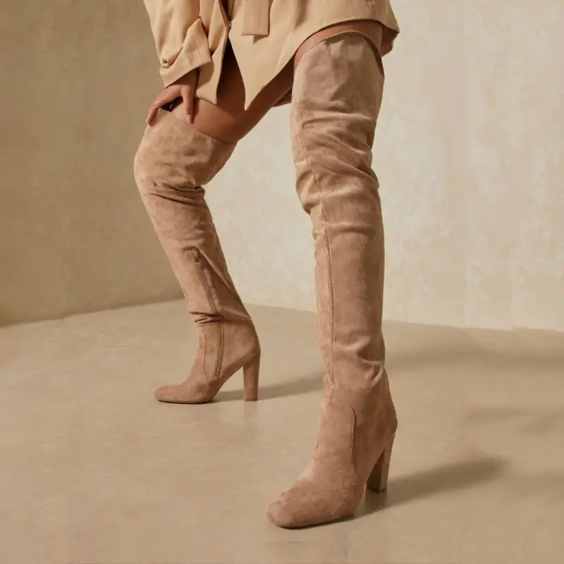 Women's Side Zip Square Toe Chunky Heel Plus Size Boots Solid Color Suede Over-the-knee Boots