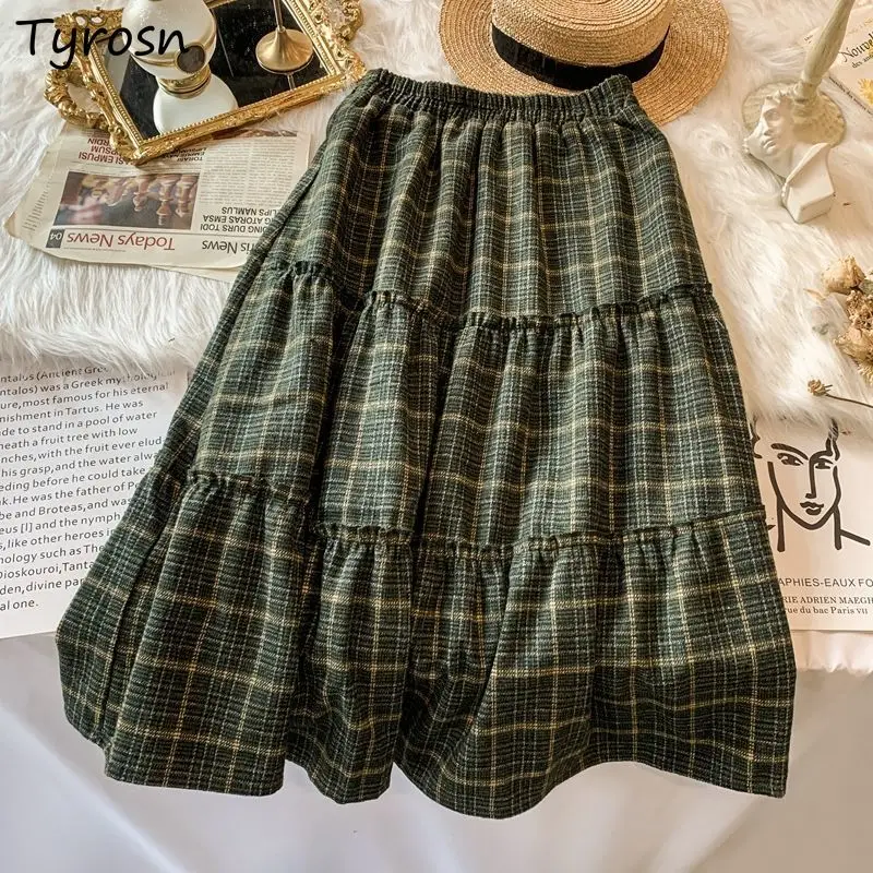 

Vintage Woolen Plaid Skirts Loose A Line Cozy Fashion Mid Calf Cake-skirts Harajuku Streetwear Leisure Ulzzang Students Chic Ins