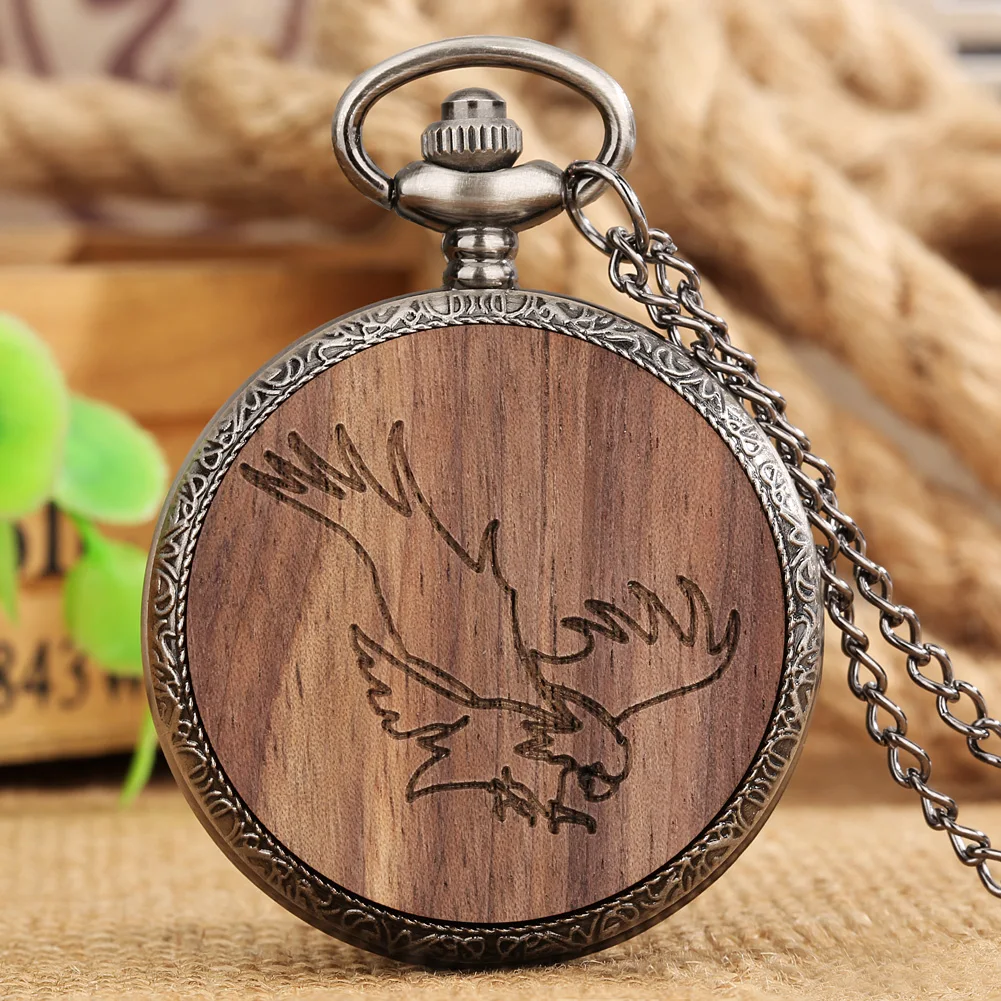 

Engraved Eagle Round Wood Decorative Grey Black Quartz Necklace Watch Retro Alloy Pocket Timepiece Arabic Numerals Analog Dial