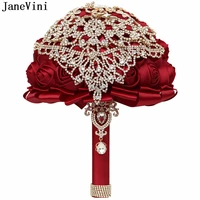 janevini burgundy flowers wedding bouquet for bride shiny crystals rhinestones bridal bouquets artificial rose bead accessories