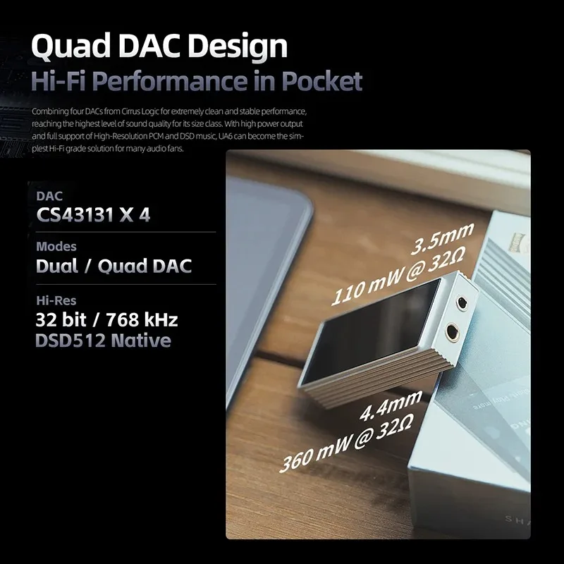 SHANLING UA6 HIFI Портативный USB ЦАП Усилитель для наушников с аккумулятором 220 мАч 4 x CS43131