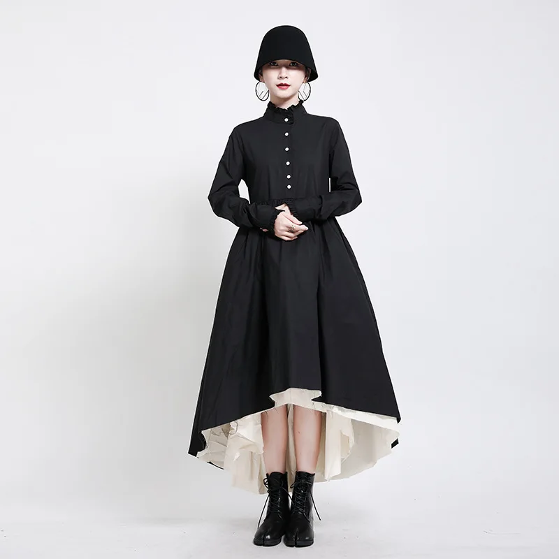 

Woman Harajuku Dark Style Dress White Stitching Large Hem Shaggy Skirt 2023 Fashion Streetwear Solid Color High Waist Dresses