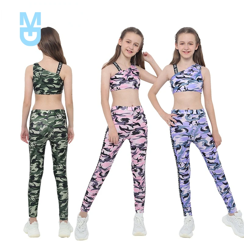 

New Kids Girls Tracksuit Outfit Camouflage Printed Tank Crop Tops with Leggings Pants for Stage Performance Workout Sports Suit