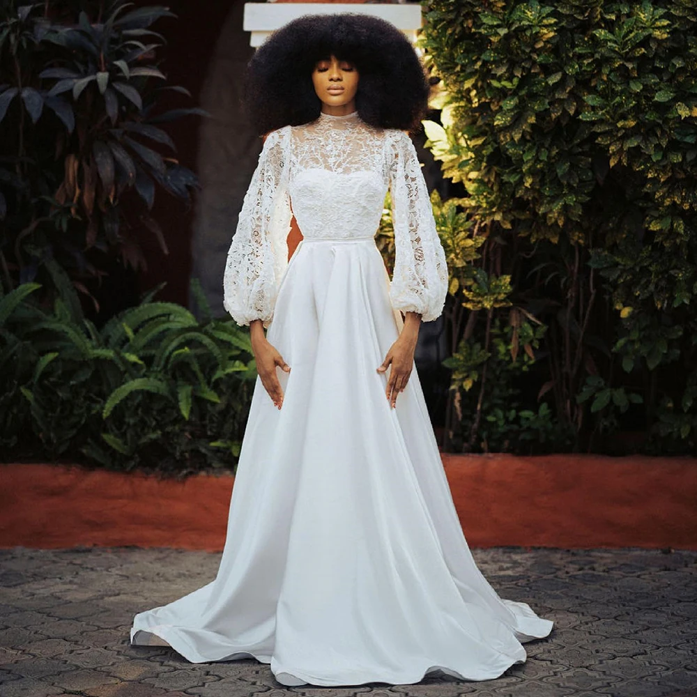 

Elegant Civil Wedding Dress for Bride 2022 A Line Lace Women Wedding Gown White High Collar Long Puff Sleeves Vestidos de Novia