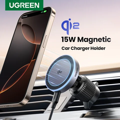UGREEN Qi2 15 Вт Магнитный автомобильный держатель для телефона Беспроводное зарядное устройство Подставка для iPhone 16 Pro Max Зарядка для автомобильного зарядного устройства Magsafe Светодиодная подсветка