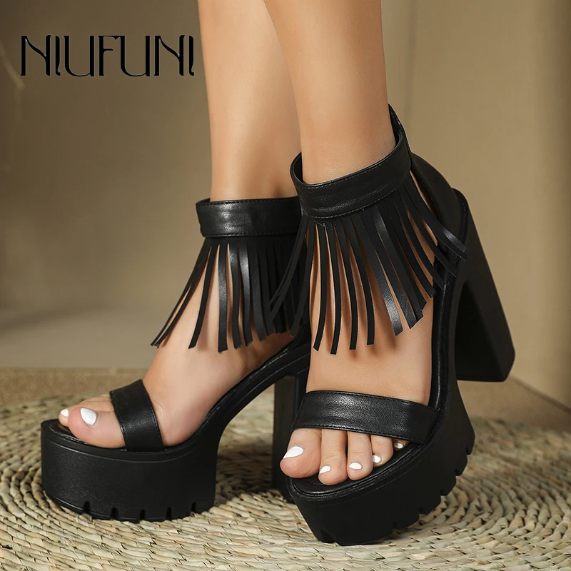 

NIUFUNI Platform Thick High Heels Tassel Zip Women's Sandals Rhinestone Snake Ankle Strap Gladiator Shoes For Woman Summer Strap