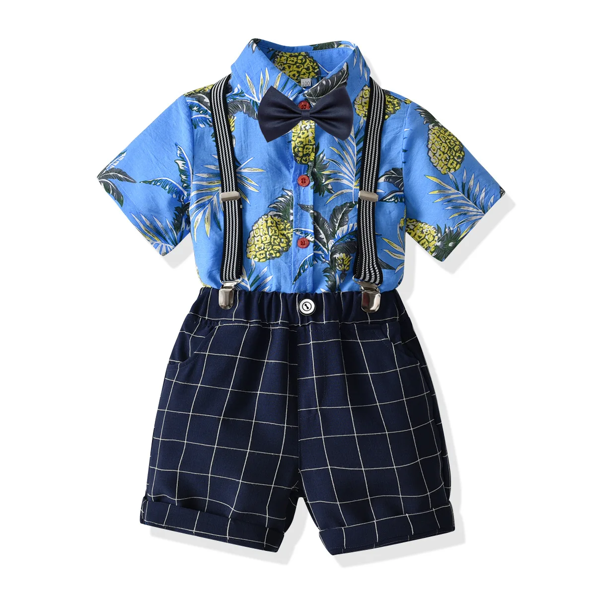 

Infant Formal Dress Baby Boy Clothes Toddler Cartoon Print Bowtie Shirt + Plaid Suspender Shorts 2pcs Set Kids Children Clothing