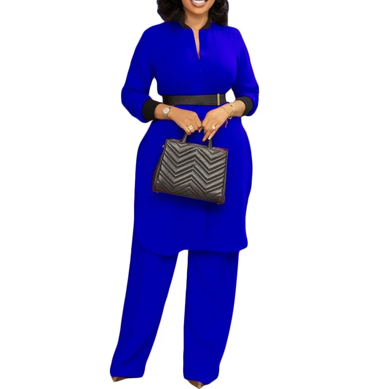 

2022 African Clothes Women Summer African Women Long Sleeve Red Blue Green Two Pieces Sets Top and Pant African Suit with Belt