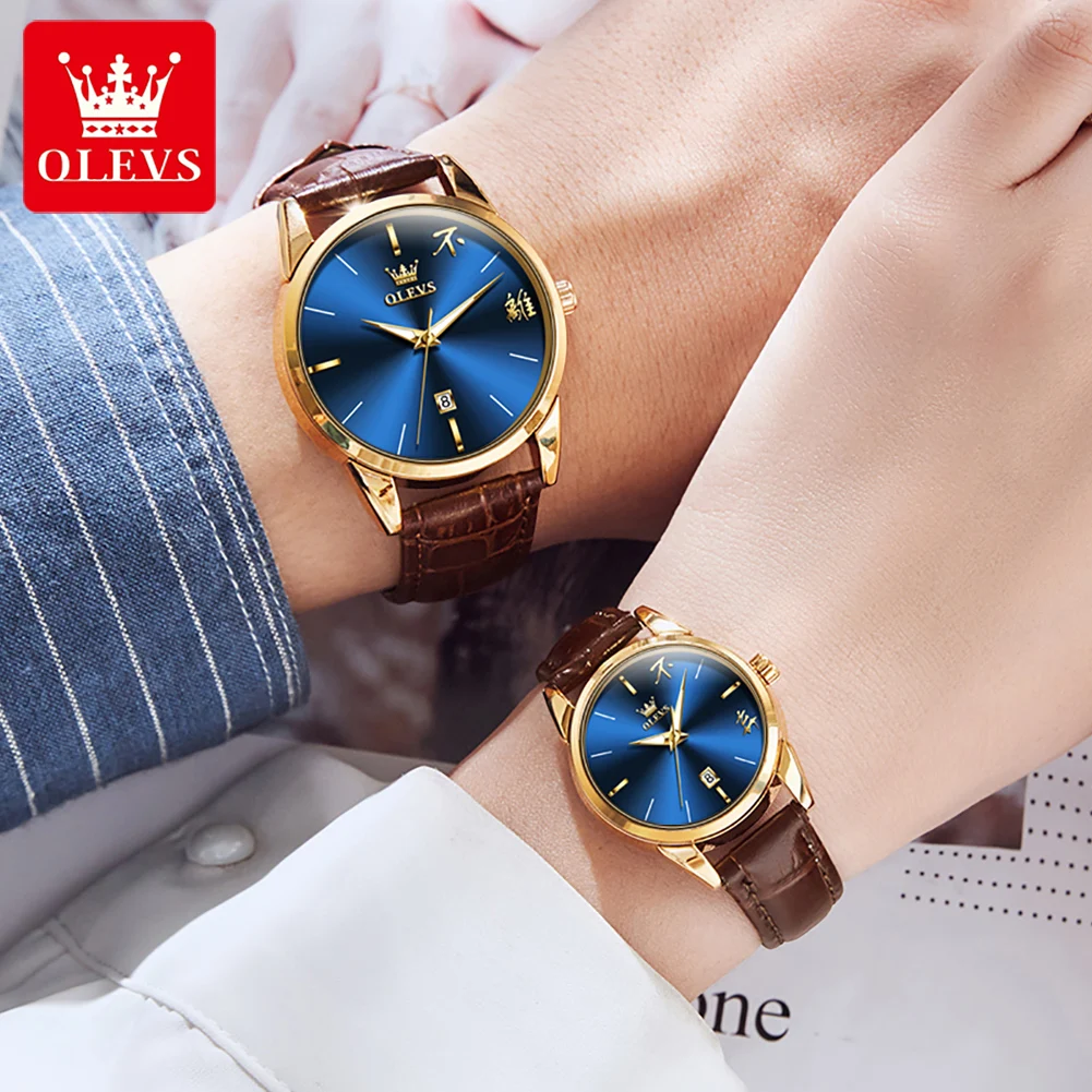 OLEVS 2022 Fashion Couple Watches Luxury Leather Strap Waterproof Calendar Blue Dial Lover's Quartz Watch for Men Women Relogios