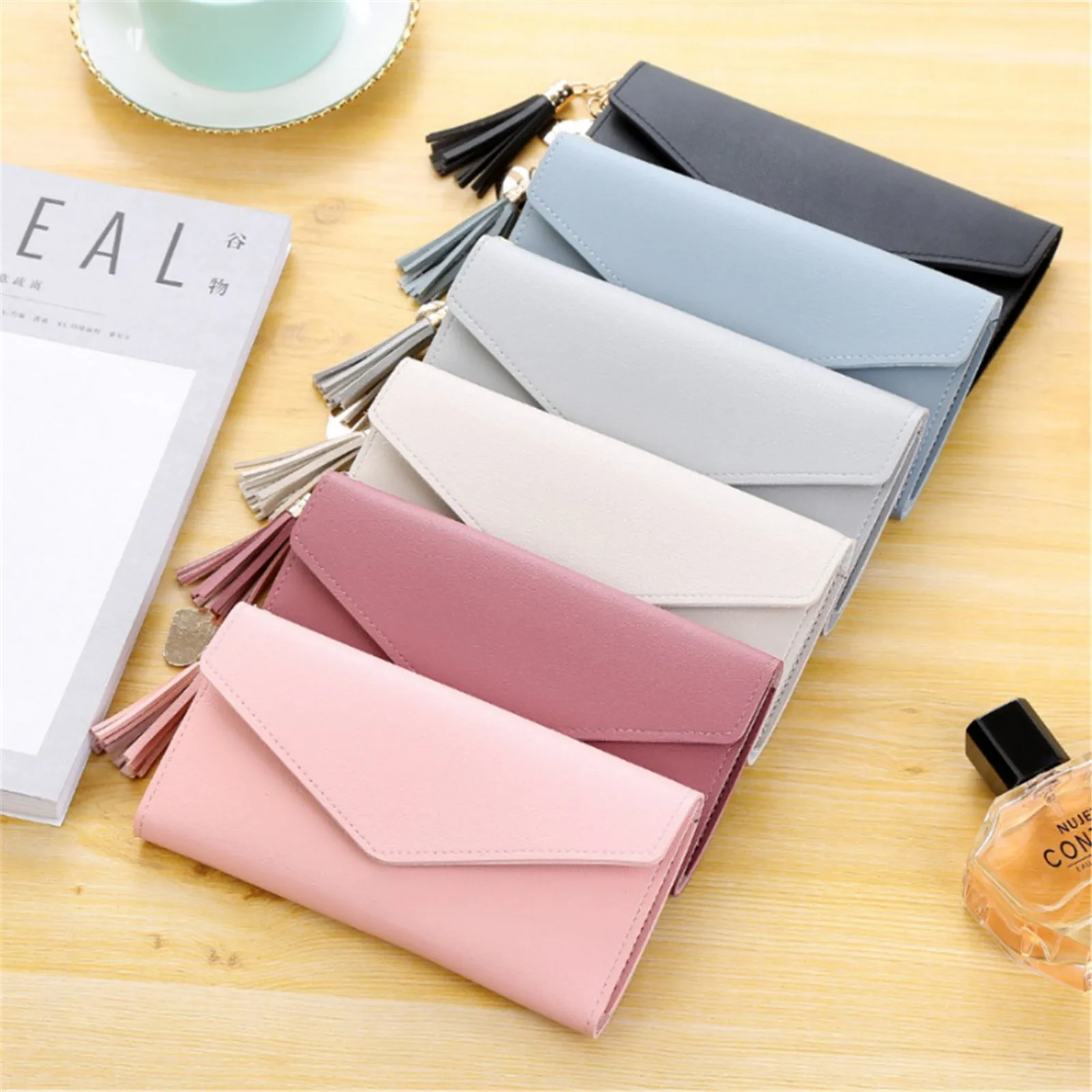 

Minimalist Solid Color Long Multi-Functional Lychee Patterned Women'S Wallet With Multiple Card Slots Tassel Pendant Handbag