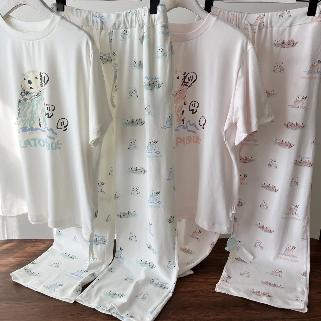 Cute Pajamas Room Wear Gelato Pique Summer Women's Pajamas Kawaii Otter Printed Short-Sleeved T-shirt Tops Pants Dress