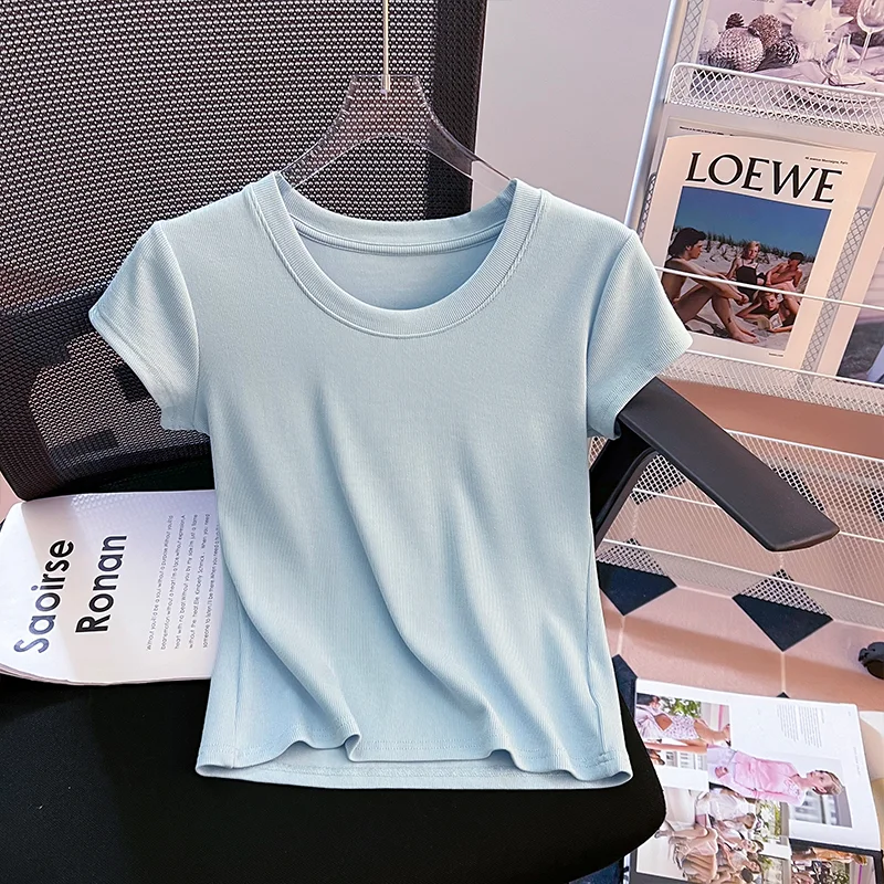 Женская футболка с коротким рукавом приталенный хлопковый топ и круглым вырезом