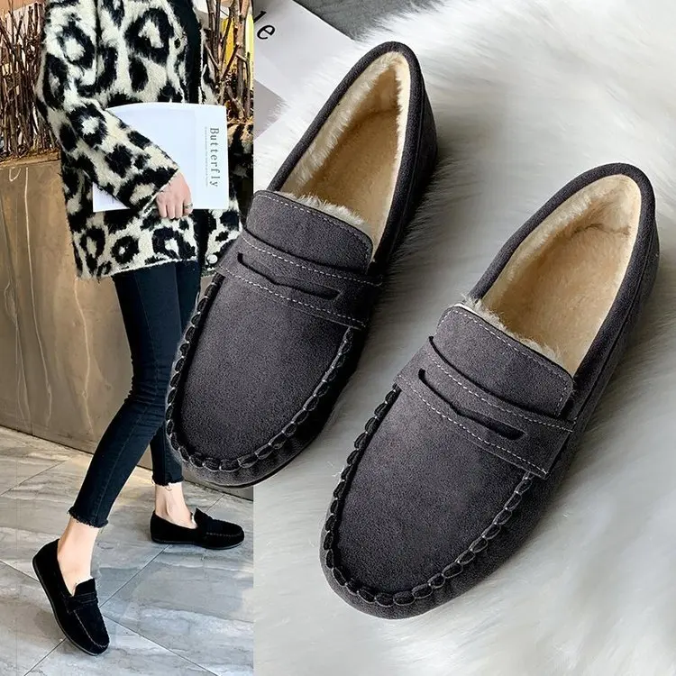 

Winter Women Shoes Flats Loafers Short Flock Inside Sewing Slip-On Casual Ladies Non-Slip Bottom Warm Female Comfortable Fashion