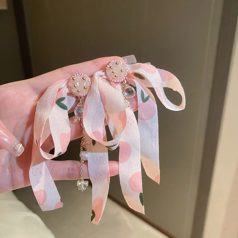 

Japan Korean New Peach Print Cloth Bowknot Tassel Earrings Fro Women Pearl Butterfly Crystal Statement Dangle Earings Wholesale
