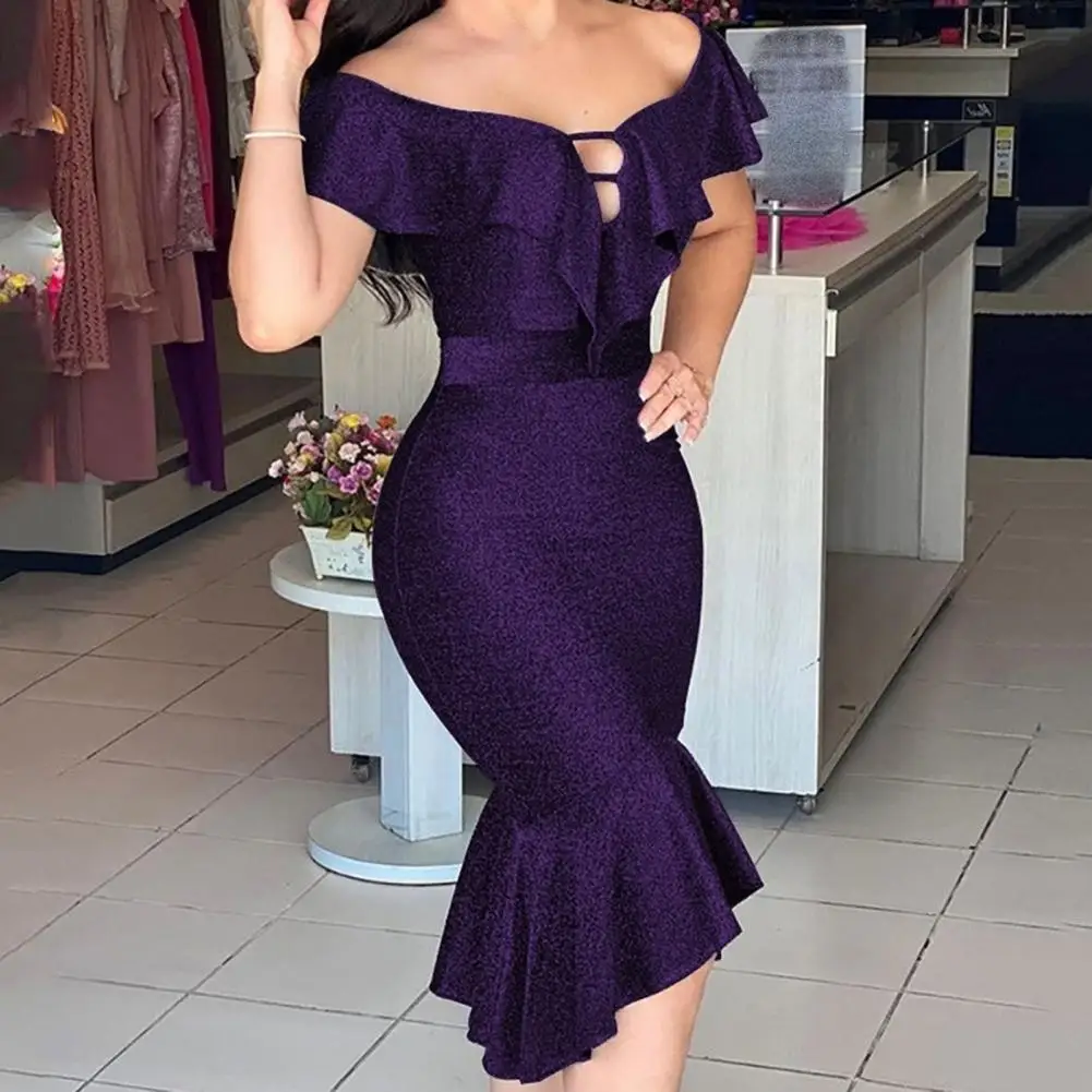 

Sexy Formal Dress For New Year 2023 Floral Print Ruffles Spring Autumn Hollow Out Off Shoulder Swallowtail Dress for Wedding