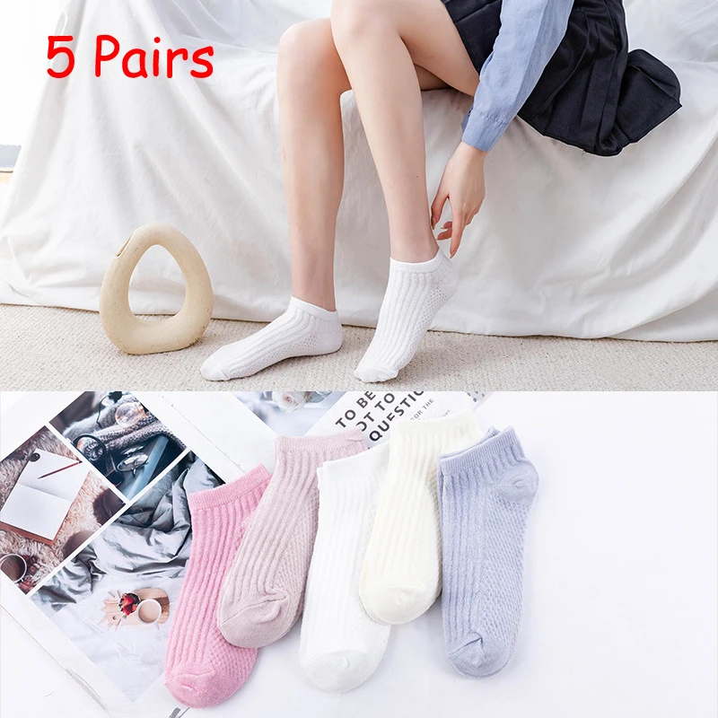 

5 Pairs Ultra-thin Woman Socks Breathable Invisible Anti Friction Ankle Socks Cute Kawaii Stripes Sock for Lady Girls