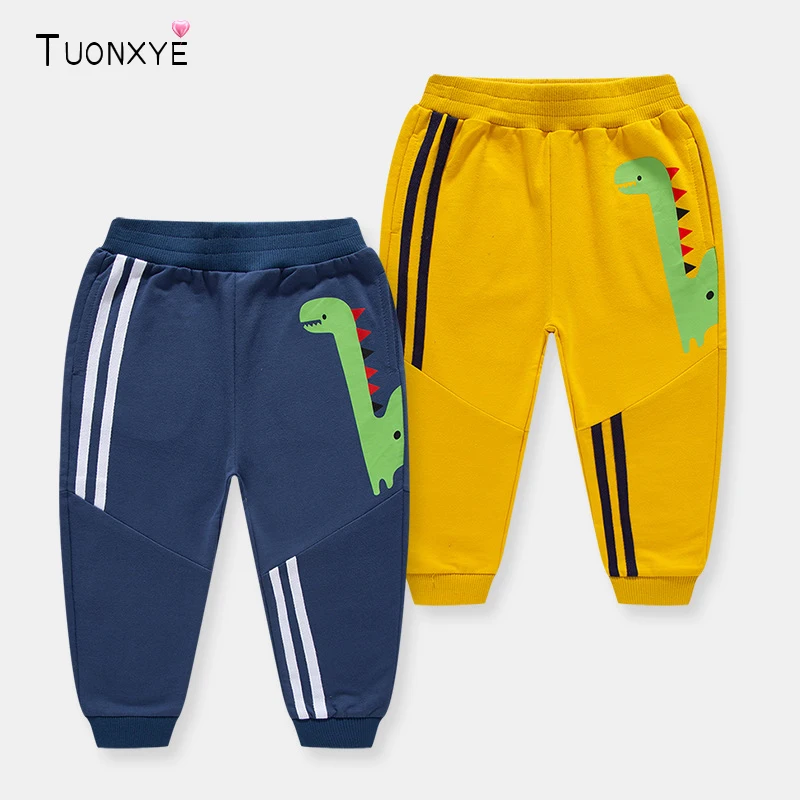 

TUONXYE Autumn Cartoon Boys Elasticity Sweatpants Cotton Soft Stripes Dinosaur Pocket Slim Fit Trousers Clothing 2-9years