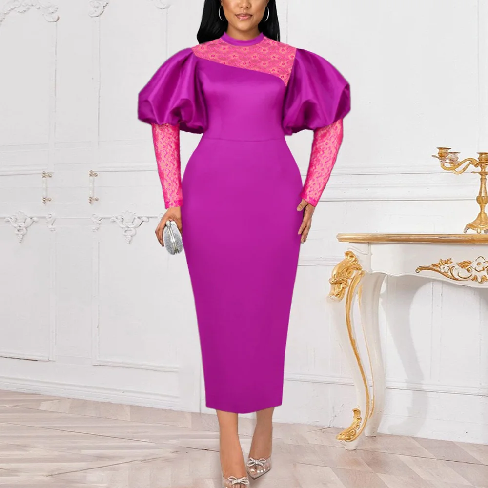 

Женское кружевное платье в стиле пэчворк, элегантное фиолетовое облегающее платье до середины икры с рукавами-фонариками и высокой талией, роскошное платье на день рождения
