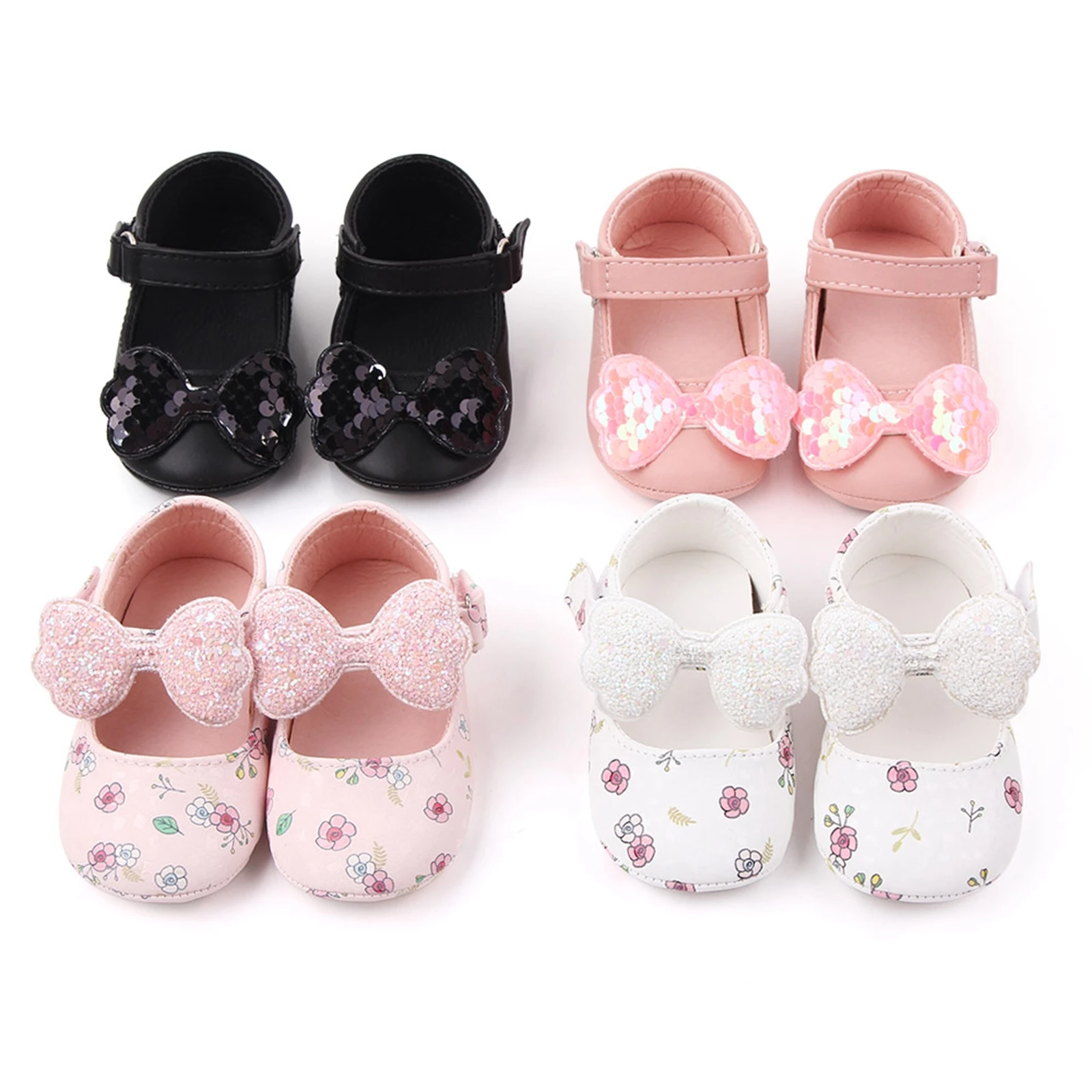 

Baby Girls Cute Moccasinss Flower Print/Sequins Bow Decor PU Leather Flats Shoes First Walkers Non-Slip Summer Princess Shoes