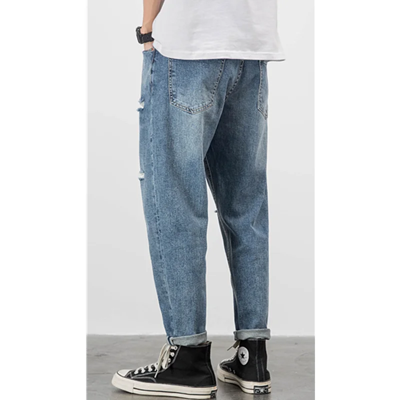 Men Clothing Autumn and Winter New Straight Loose Cylinder Jeans Vintage Elastic Force Comfortable Blue Ripped Trousers Women