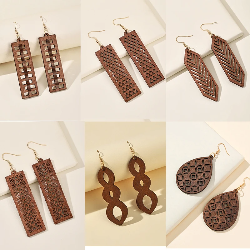 

Vintage Ethnic Hollow Lace Rectangle Wooden Drop Earrings for Women Designer Earrings Jewelry Accessories