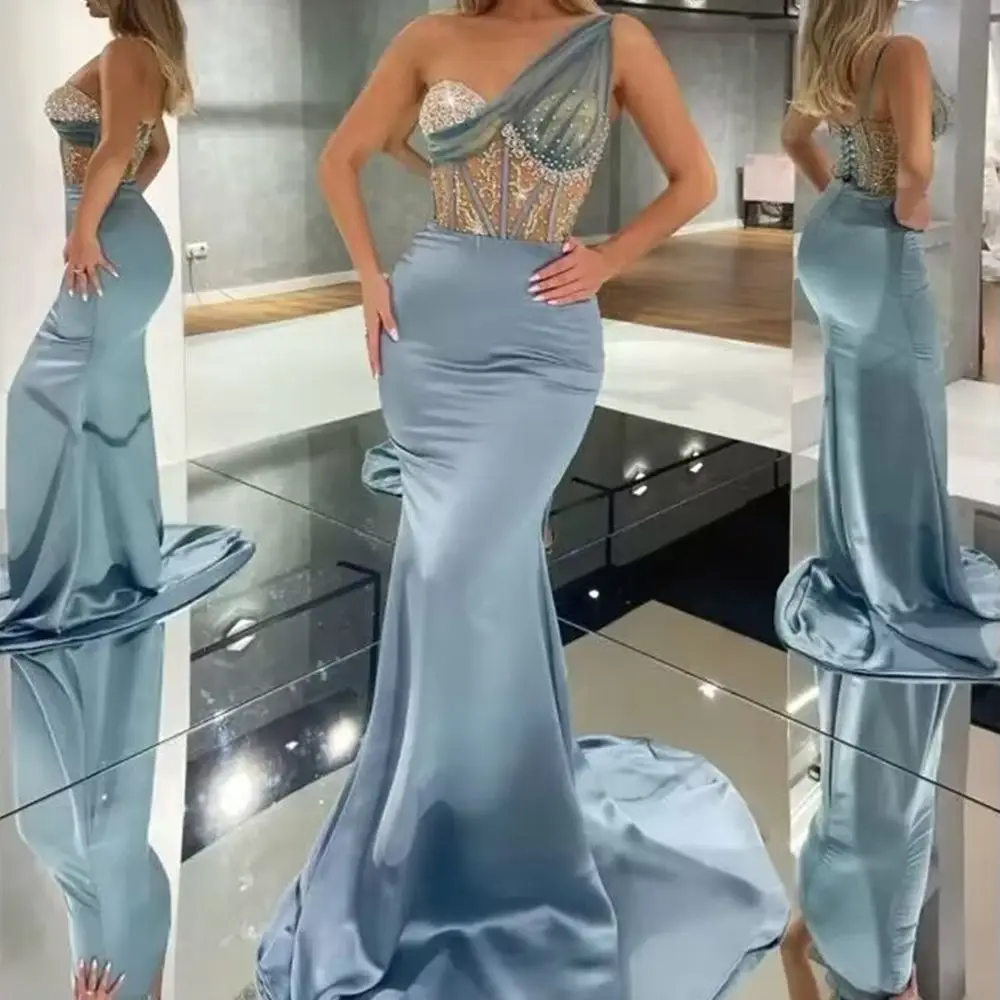 

2022 One-shoulder Formal Prom Dresses Luxury Arabic Mermaid Evening Dress Custom Made Party Gown for Banquet Robe de Bal