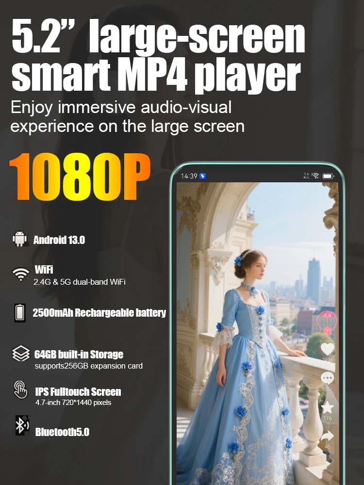 Фото Мужской MP3-плеер Famue Android 13, Bluetooth и Wi-Fi, MP3-плеер с Spotify, звуковой, Pandora, стандартная/сетевая версия №4