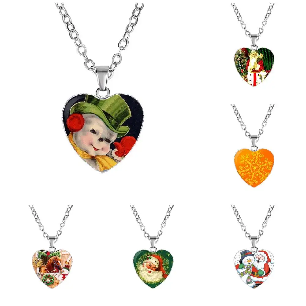 Рождественские аксессуары Дед Мороз Снеговик Destockage для женщин детей ожерелье из стекла кабошон винтажная стальная подвеска в форме сердца