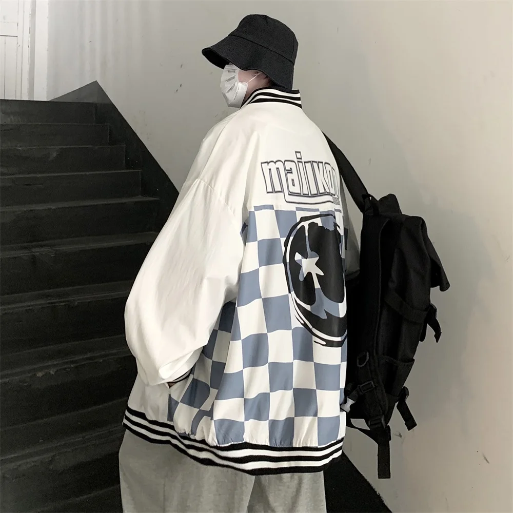 

Oversized Baseball Uniform for Teenage Fashion Trends Chic Streetwear Mens Back Plaid Print Jacket Korean Couples Loose Clothing