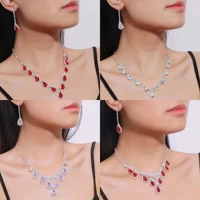 new european and american bridal necklace set high end all match crystal color collarbone chain earrings two piece set