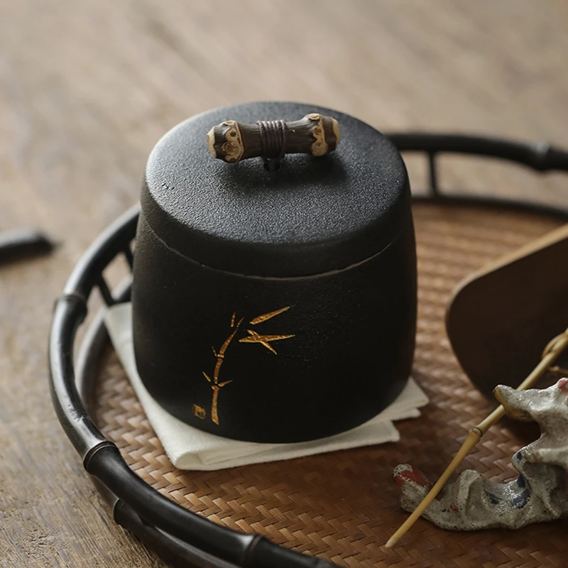

black ceramic tea canisters with bamboo painting storage tea or food tea box 270ml