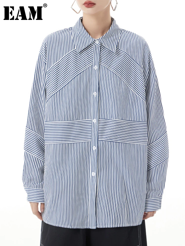 

[EAM] Women Blue Striped Big Size Casual Blouse New Lapel Long Sleeve Loose Fit Shirt Fashion Tide Spring Autumn 2023 1DH2926