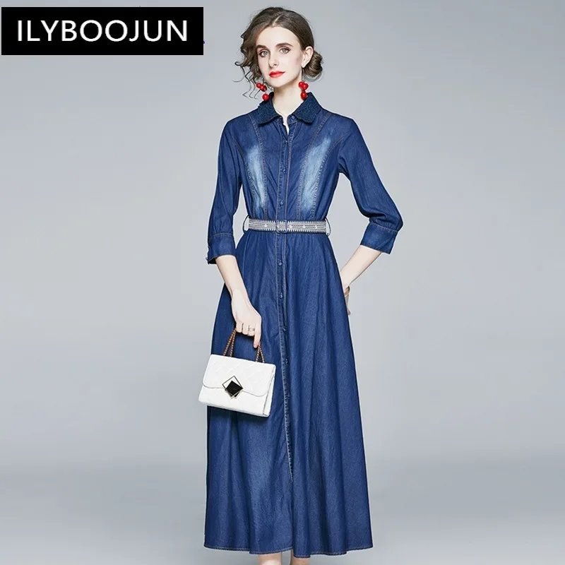 

Женское джинсовое платье-рубашка, голубое винтажное Длинное Платье трапециевидного силуэта, элегантный вечерний наряд на осень