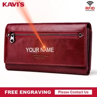 kavis free engraving genuine leather women wallet and purse female coin purse portomonee clamp for money bag zipper handy perse